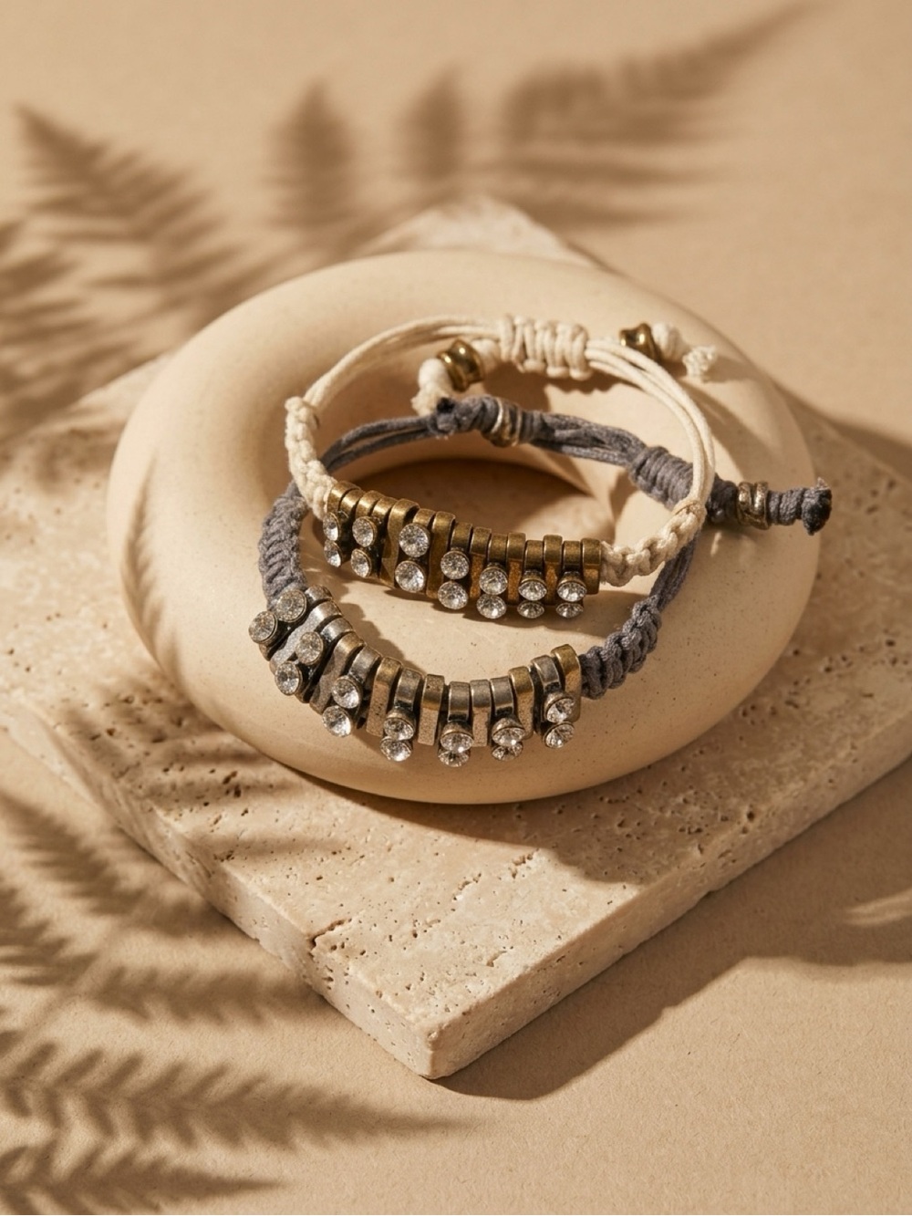Braided Crystal Accent Bracelets - Gray & Cream